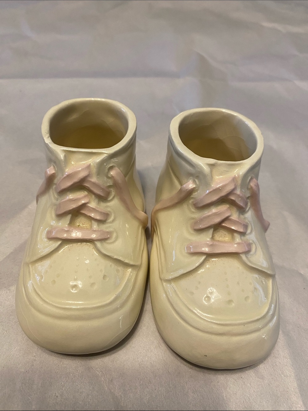 Cream Ceramic Baby Shoe Pair with Pale Pink Laces - Decorative Nursery Accent